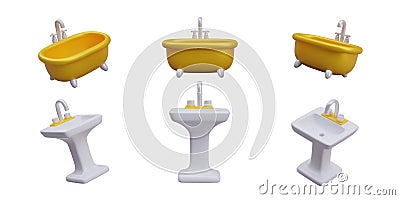Metal bath, porcelain sink with faucet. Vector objects, front, side, top view Vector Illustration