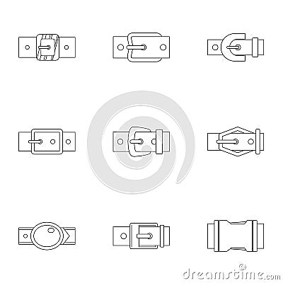 Metal belt buckle icon set, outline style Vector Illustration