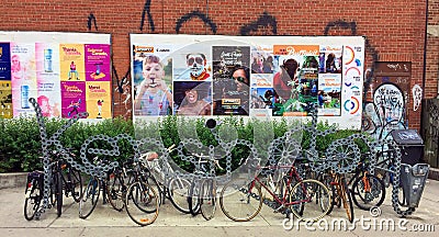 Metal Bicycle Rack in Kensington Area of Downtown Toronto Editorial Stock Photo