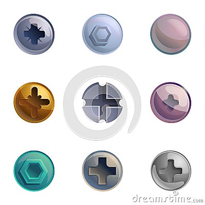 Metal bolt head icon set, cartoon style Vector Illustration