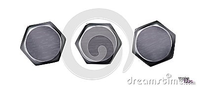 Metal bolt heads set. Twisted in surface, isolated. High detailed. Top view. Foto reality. Vector Vector Illustration