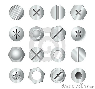 Metal bolt heads. Set of different screw heads types isolated on white background. Industrial top view bolts, screws Vector Illustration