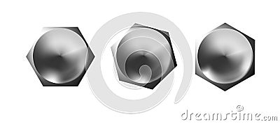 Metal bolt heads set, shiny caps. Twisted in surface isolated on white background. Macro chrome top view of wide a hats metalwares Vector Illustration