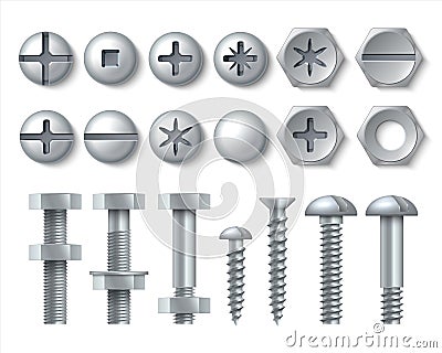 Metal bolt and screw. Realistic steel nails, rivets and stainless self-tapping screw heads with nuts and washers. Vector Vector Illustration