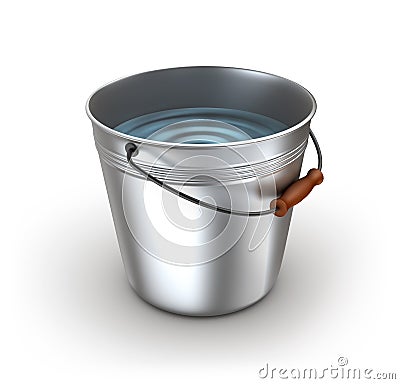 Metal bucket full of water. on white Stock Photo