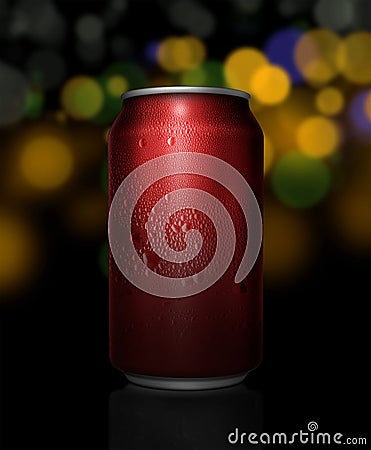 Metal can with cola or beer. Drops of condensation on the surface. background abstract bokeh lights with soft light Stock Photo