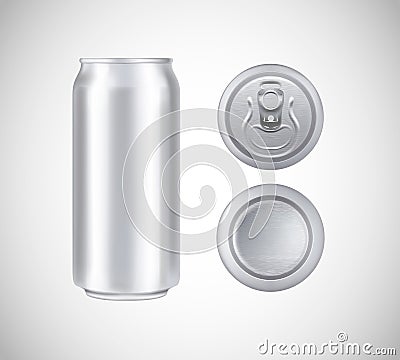 Metal can top, front, bottom view. Can vector visual 500 ml. For beer, lager, alcohol, soft drinks, soda advertising Vector Illustration