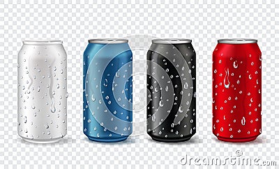 Metal cans with drops. Realistic aluminium can mockup in white, red, blue and black color. Soda or beer package with Vector Illustration