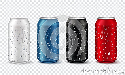 Metal cans with drops. Realistic aluminium can mockup in white, red, blue and black color. Soda or beer package with condensation Vector Illustration