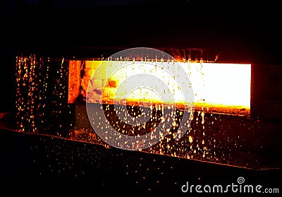 Red hot magma texture, red glowing liquid of melt steel iron. Atmosphere of steel-making furnace in Stock Photo