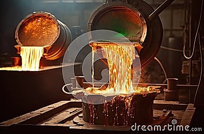 metal casting process in progress, with molten metal being poured into a mold Stock Photo