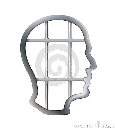 Metal cell in human head being jail, struggle, lack creativity, restrictions freedom of thought concept. Business. Isolated Vector Illustration