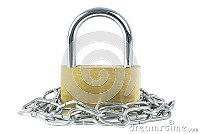 Metal chain around a locked padlock Stock Photo
