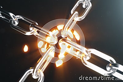 The metal chain is disconnected with the red-hot link, feeble link. 3d illustration Cartoon Illustration
