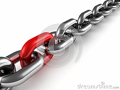 Metal chain with red part link as teamwork concept Stock Photo