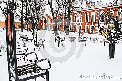 Metal chairs in winter park. Editorial Stock Photo