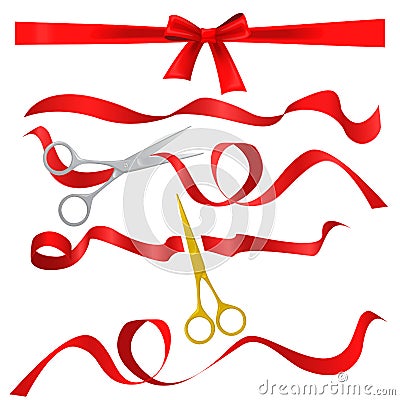 Metal chrome and golden scissors cutting red silk ribbon. Realistic opening ceremony symbols Tapes ribbons and scissors Vector Illustration