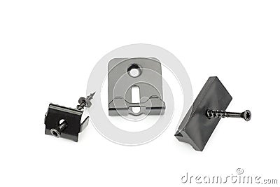 Metal clamps for mounting composite decking board Stock Photo