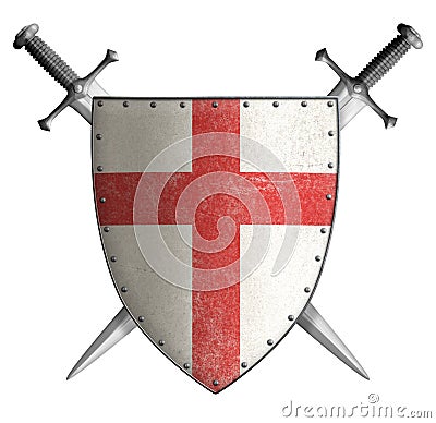 Metal classical shield with red cross and swords 3d illustration Stock Photo