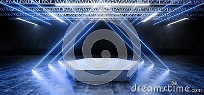 Metal Construction Podium Stage Neon Glowing Line Lights Triangle Classic Blue Sci Fi Future Virtual Reality Cyber Empty Space Stock Photo