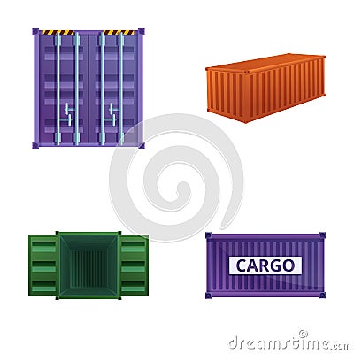 Metal container icons set cartoon vector. Industrial crane hook and container Vector Illustration