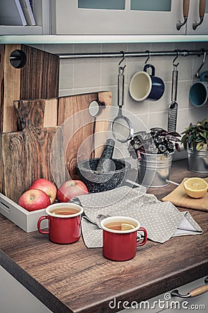 Metal cups of tea and lemon Stock Photo