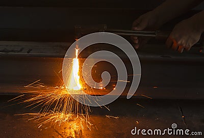 Metal cutter, steel cutting with acetylene torch. Stock Photo