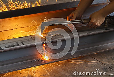 Metal cutter, steel cutting with acetylene torch. Stock Photo