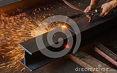 Metal cutter, steel cutting with acetylene torch. Stock Photo