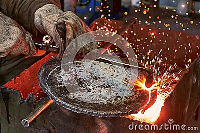 Metal cutting with acetylene torch close-up. Blur effect. Stock Photo