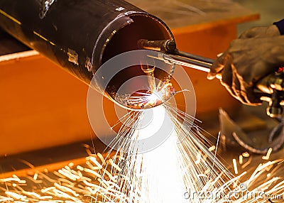 Metal cutting with acetylene torch Stock Photo