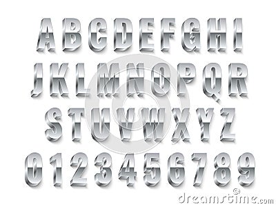 Metal 3d font. Realistic silver capital english letters and numbers, modern white steel alphabet collection, chrome Vector Illustration