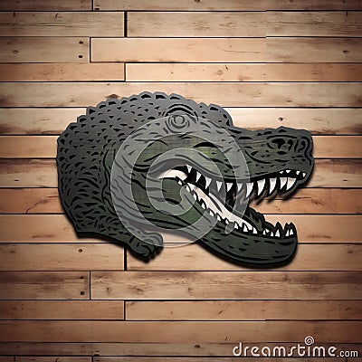 Metal Decor Gator Head Wood Wall Art - Dystopian Cartoon Style Stock Photo