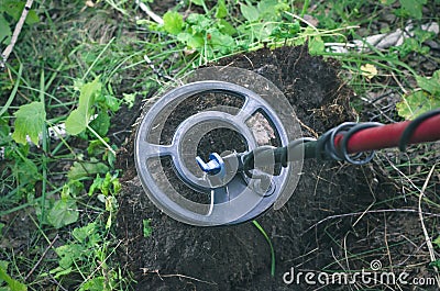 Metal detector. Coin search. Stock Photo