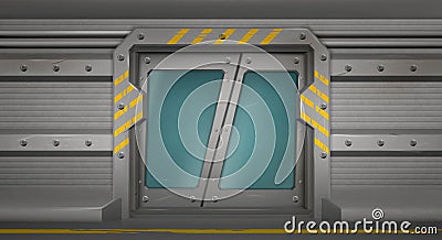 Metal door, sliding gates in spaceship hallway Vector Illustration