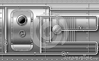 Metal door with porthole on wall with pipes 3d Vector Illustration