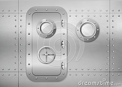 Metal door and porthole in submarine or spaceship Vector Illustration