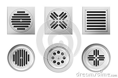 Metal drainage grates for shower or sink Vector Illustration