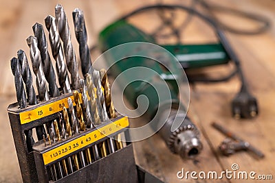 Metal drill bits. Accessories in a home workshop Stock Photo