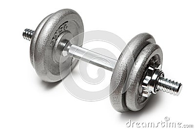 Metal dumbbell for fitness with chrome silver handle isolated on white Stock Photo