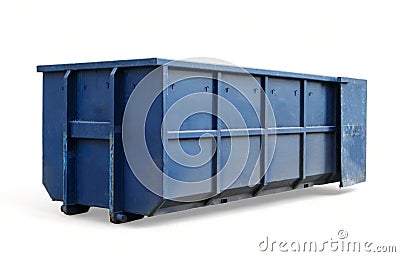 Metal durable blue industrial trash can for street waste isolated on a white background. Large steel basket for Stock Photo