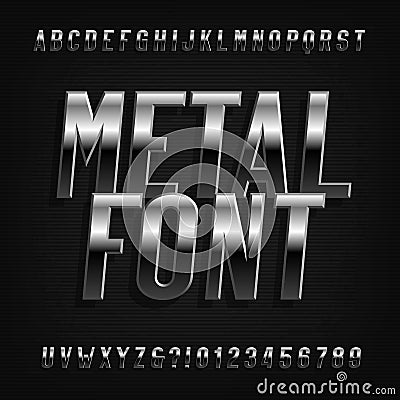 Metal effect alphabet font. Oblique chrome letters, numbers and symbols. Vector Illustration