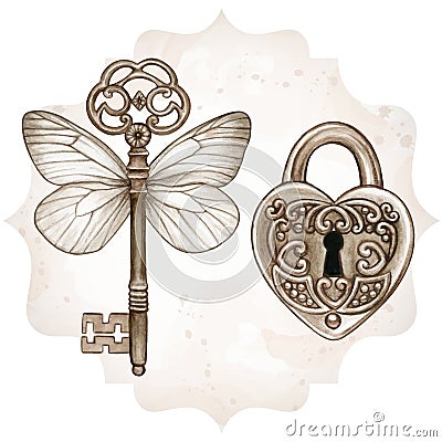 Metal fantasy victorian key with butterfly wings and heart shaped lock Vector Illustration