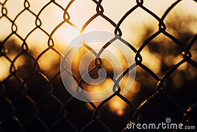 A metal fence against a warm sunset Stock Photo