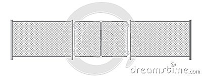 Metal fence panels with welded wire mesh in realistic style. Gate steel chain link template. Vector Illustration