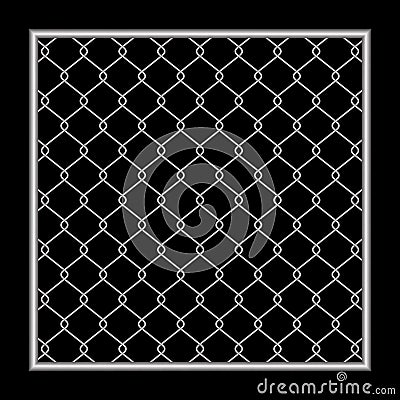 Metal fence wire mesh isolated on black background, net fence silver steel, mesh silver object illustration, iron barbed wire Vector Illustration