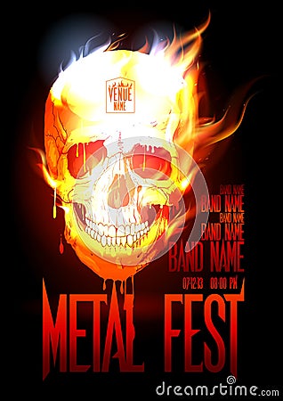 Metal fest design template with skull in flames. Vector Illustration