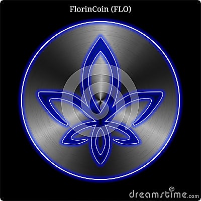 Metal FlorinCoin FLO coin witn blue neon glow. Vector Illustration