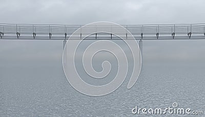 Metal foot bridge above the surface of the sea or ocean in cloudy overcast weather. Empty iron crosswalk on the calm water. Stock Photo