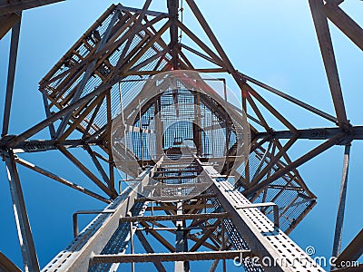 Metal frame of the radar tower bottom up view Stock Photo